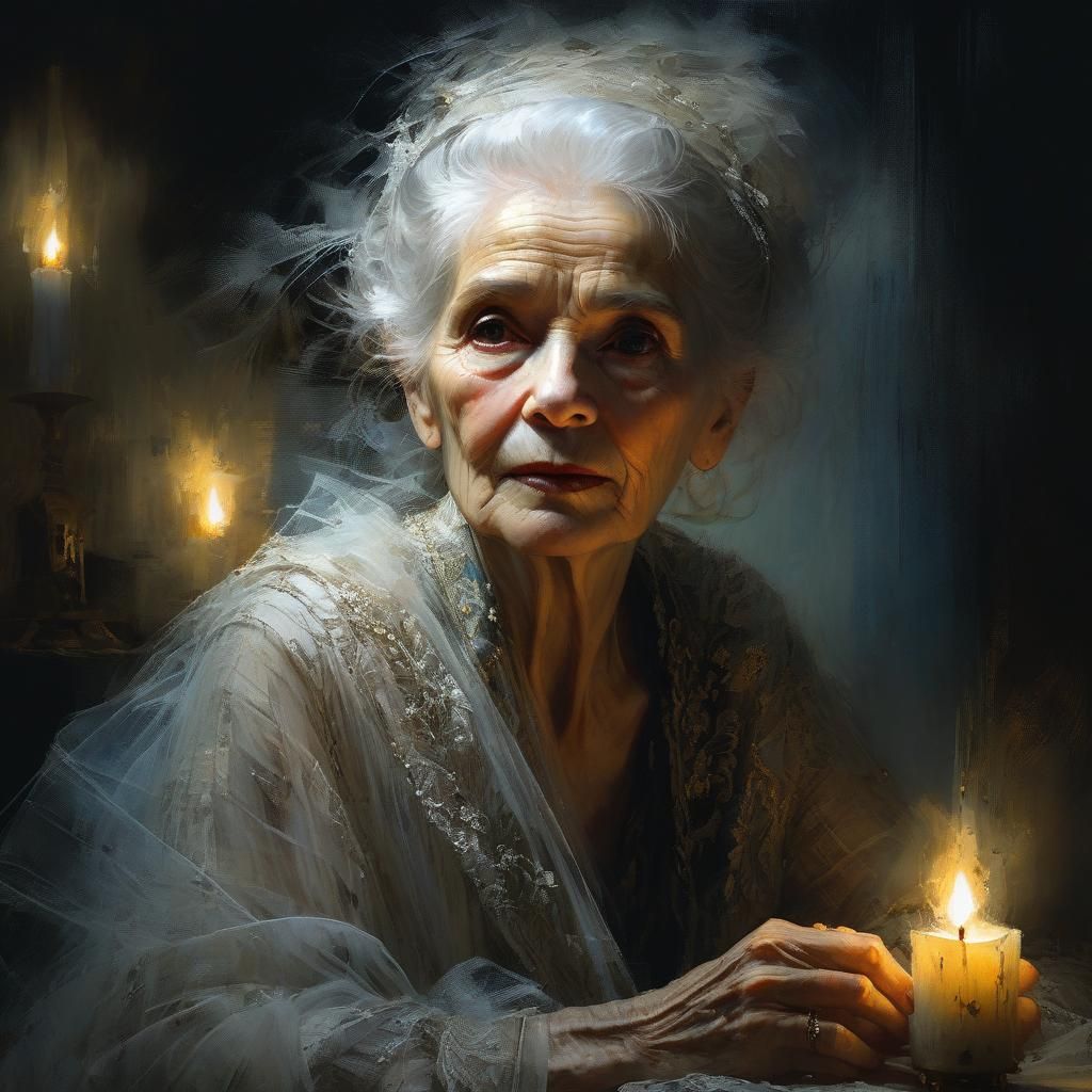 Tulle Woman Portrait in Candlelight, Detailed Fabric Art