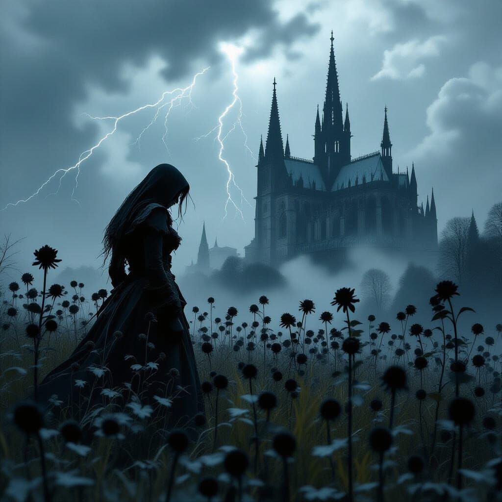 Gothic Cathedral with Lone Figure in Dark Fantasy Style
