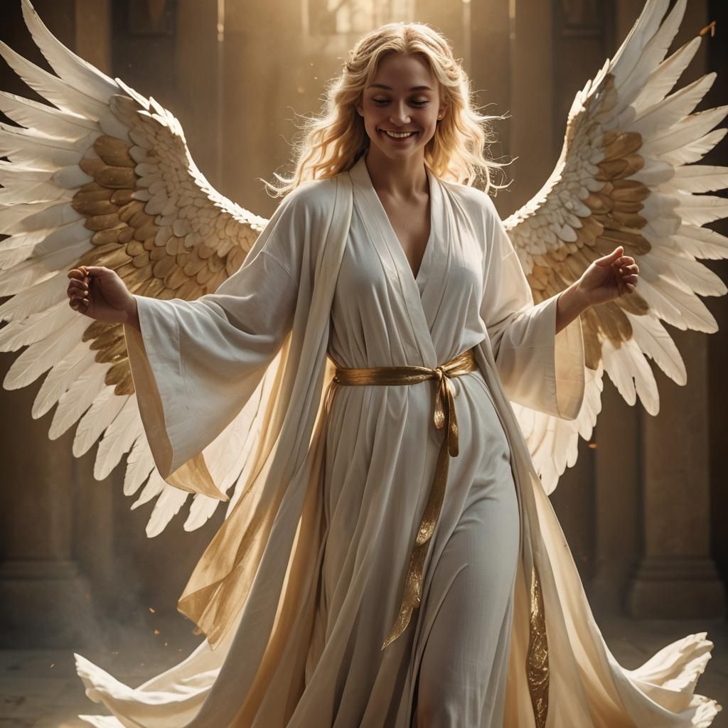 Ethereal Angel Unfolds Her Wings in a Golden Glow