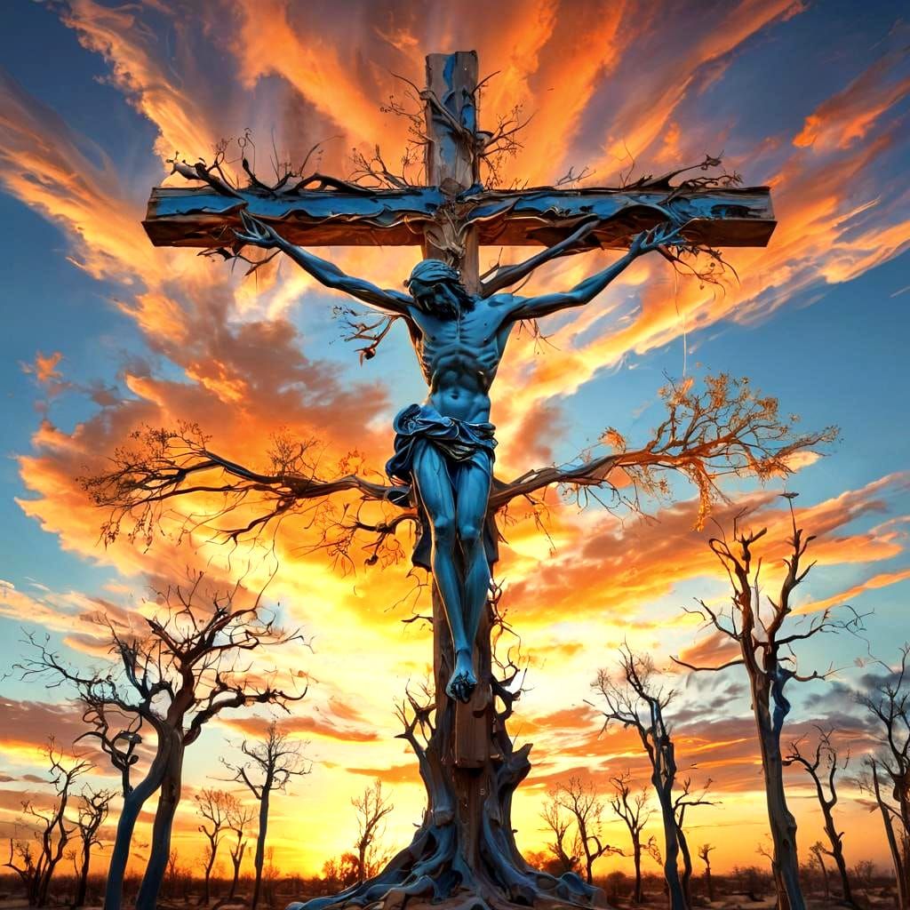 Surreal Christ on Cross in Desert, Dali Style