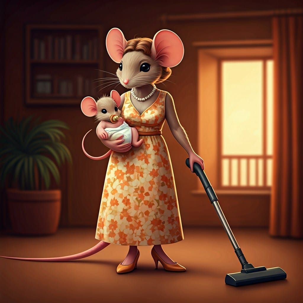 Retro-Style Mother Mouse in Whimsical Home Scene