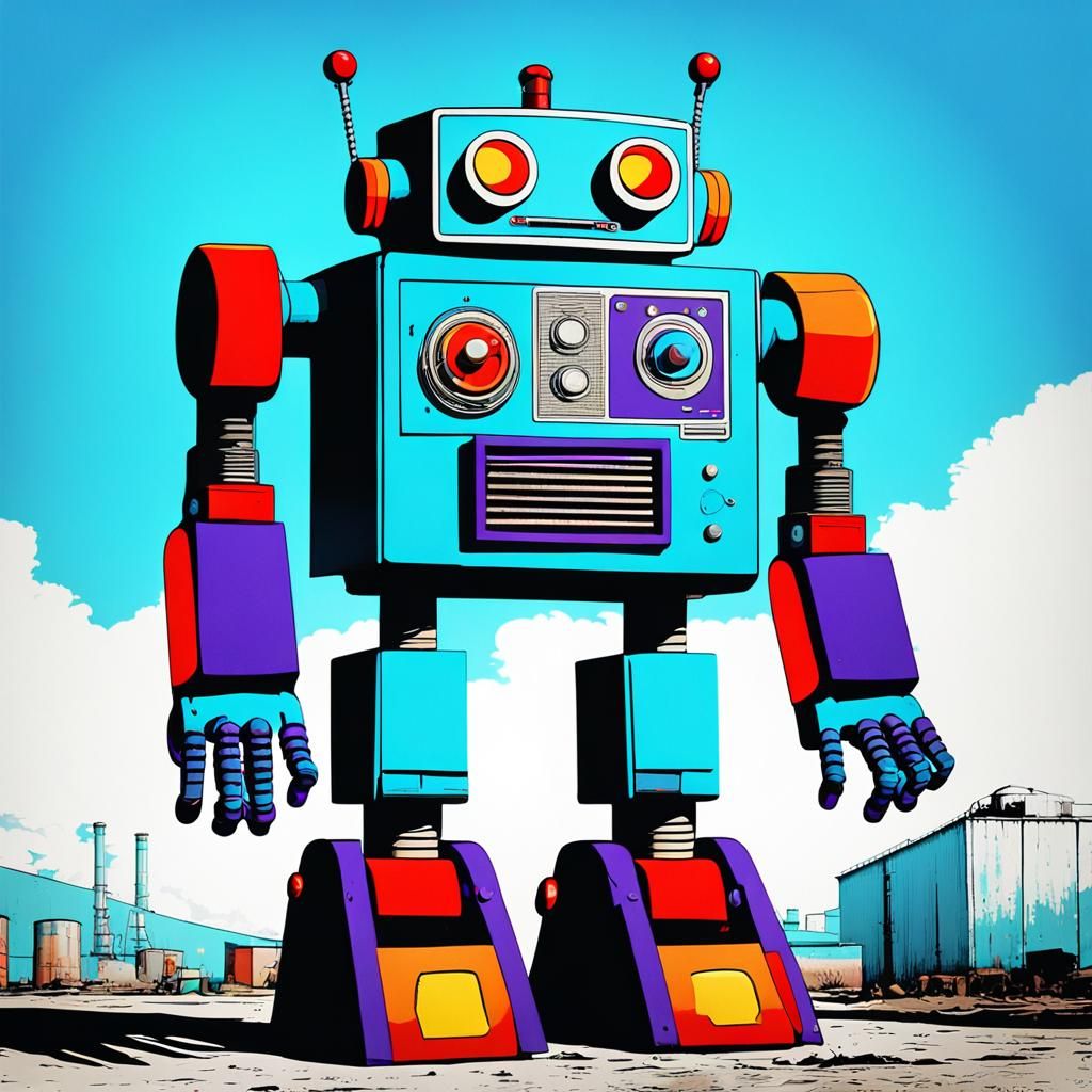 Retro Toy Robot in Industrial Landscape: Pop Art Style