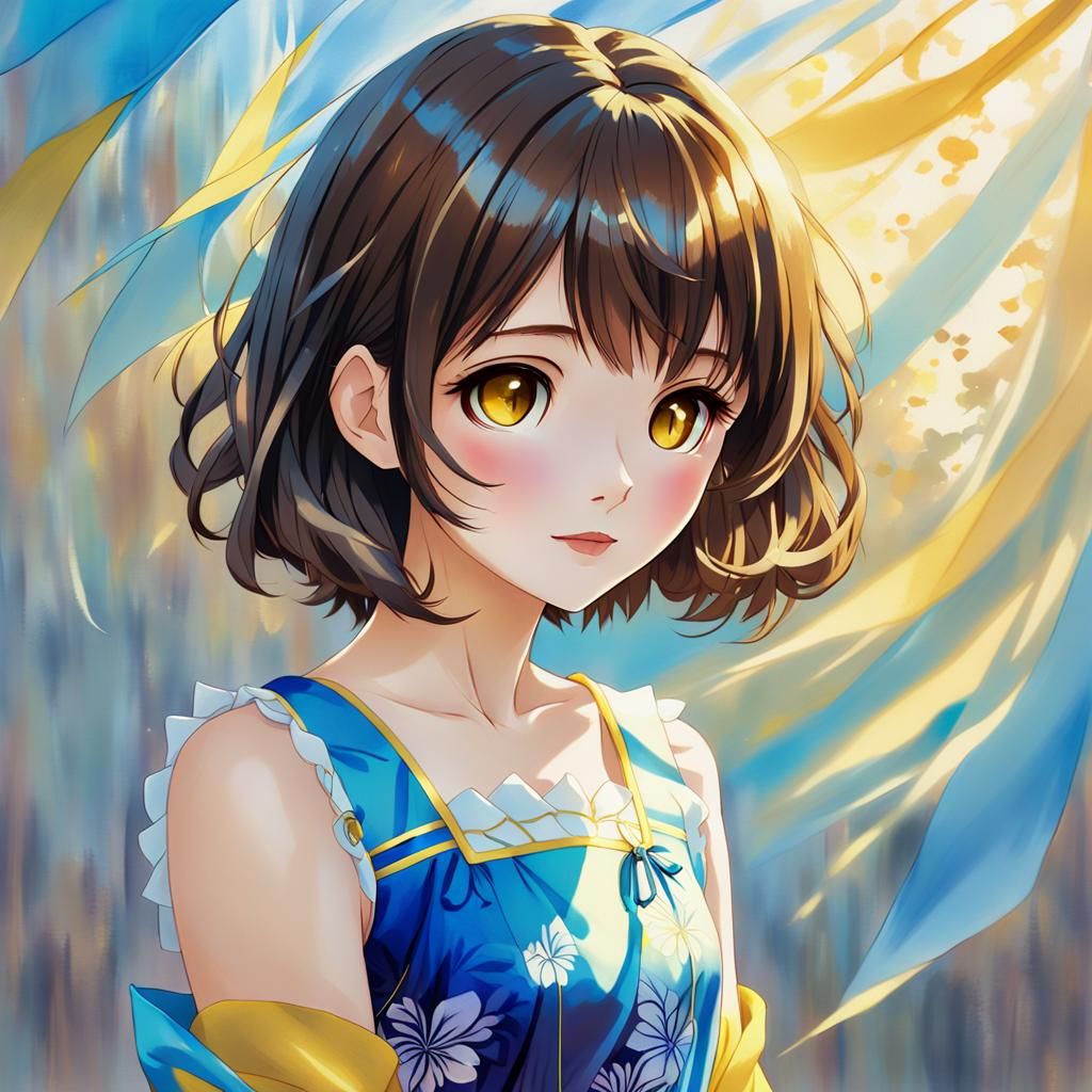 Anime Girl in Blue and Yellow Dress, Oil Painting