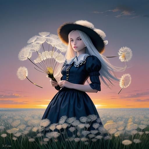 Dandelion Field with Blue Floral Patterns