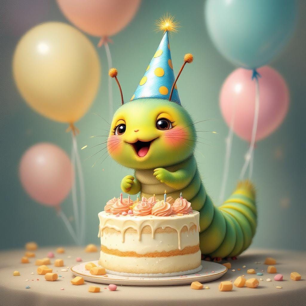 Excited Caterpillar's Chibi Party in Oil Painting Style