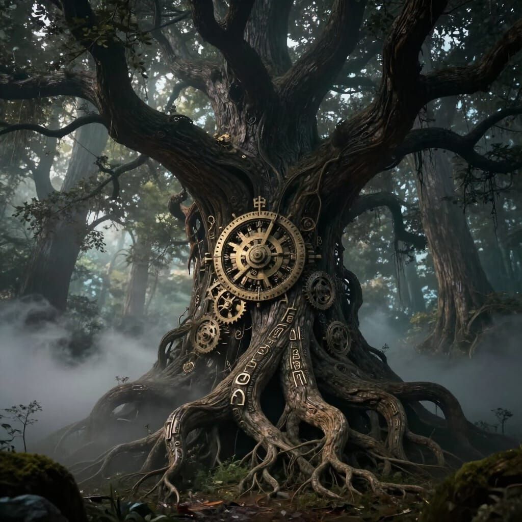 Ancient Clockwork Tree with Arcane Symbols in Ethereal Mist