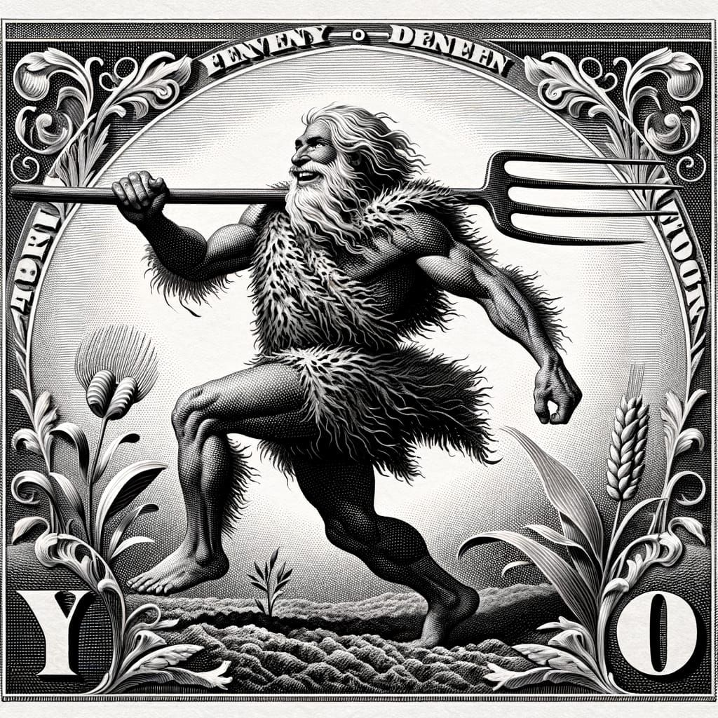 Caveman Celebrates Agriculture: Banknote Engraving Style