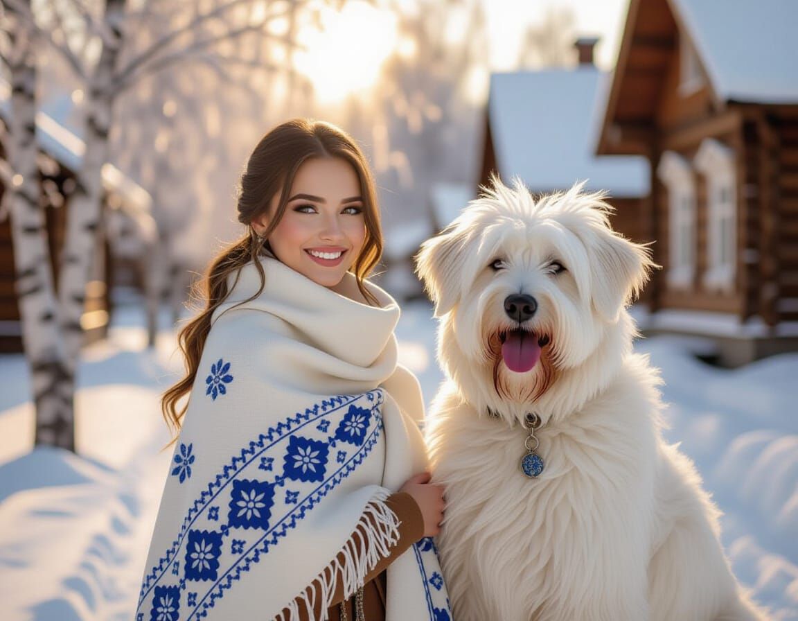 Woman in Khokhloma Shawl in Snowy Village