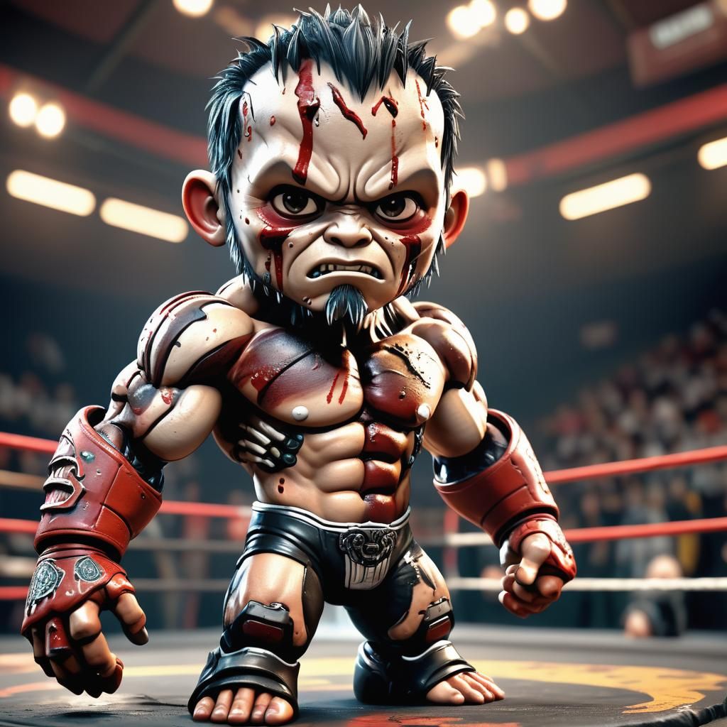 A hyperrealistic 8K 3D render of a Chibi styled monster wrestler with detailed musculoskeletal technically advanced robo...