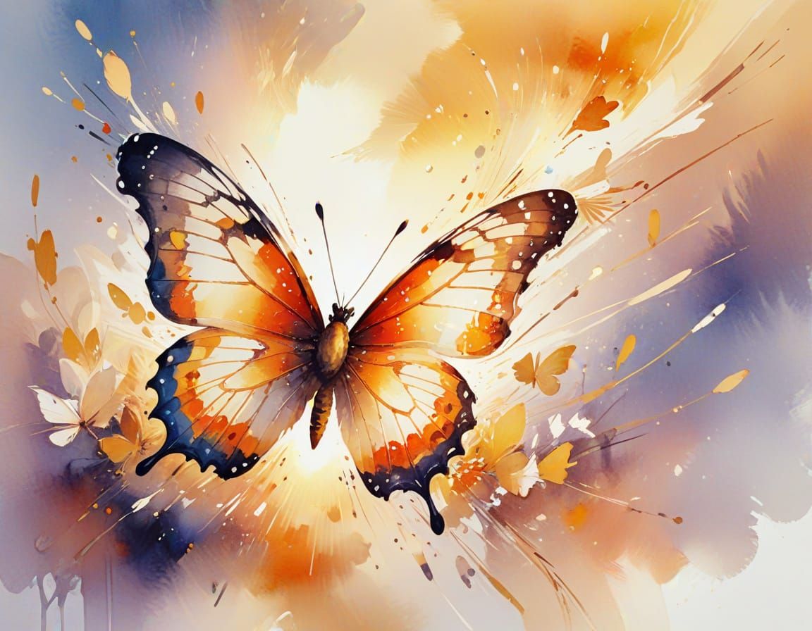 Watercolor Butterfly in Golden Sunset Scene