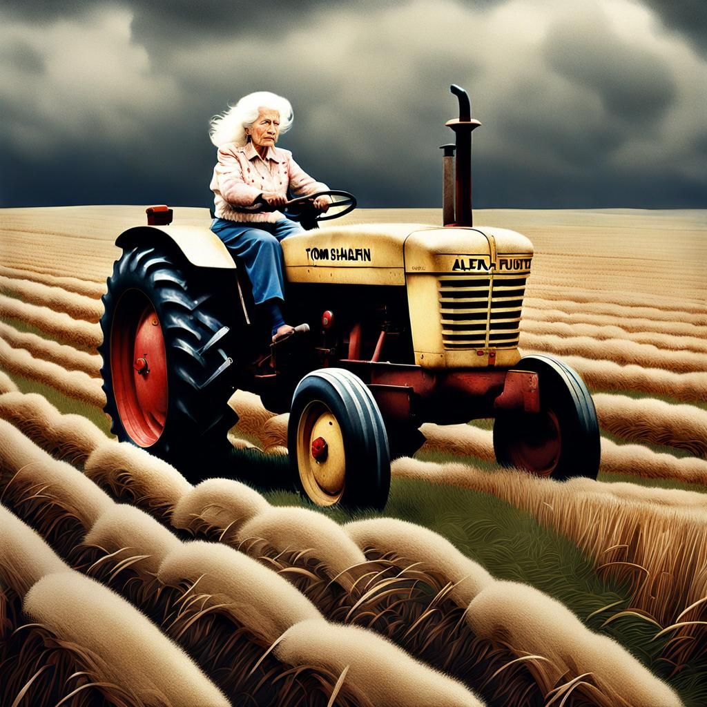 Vintage Photo of Elderly Woman Driving Tractor