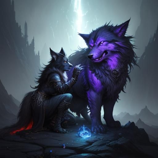 Rainbow Wolf vs Shadow Wolf in Fantasy Landscape