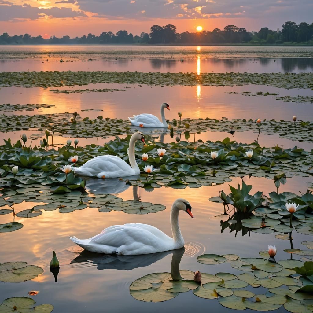 Swans on Lake with Water Lilies at Sunset