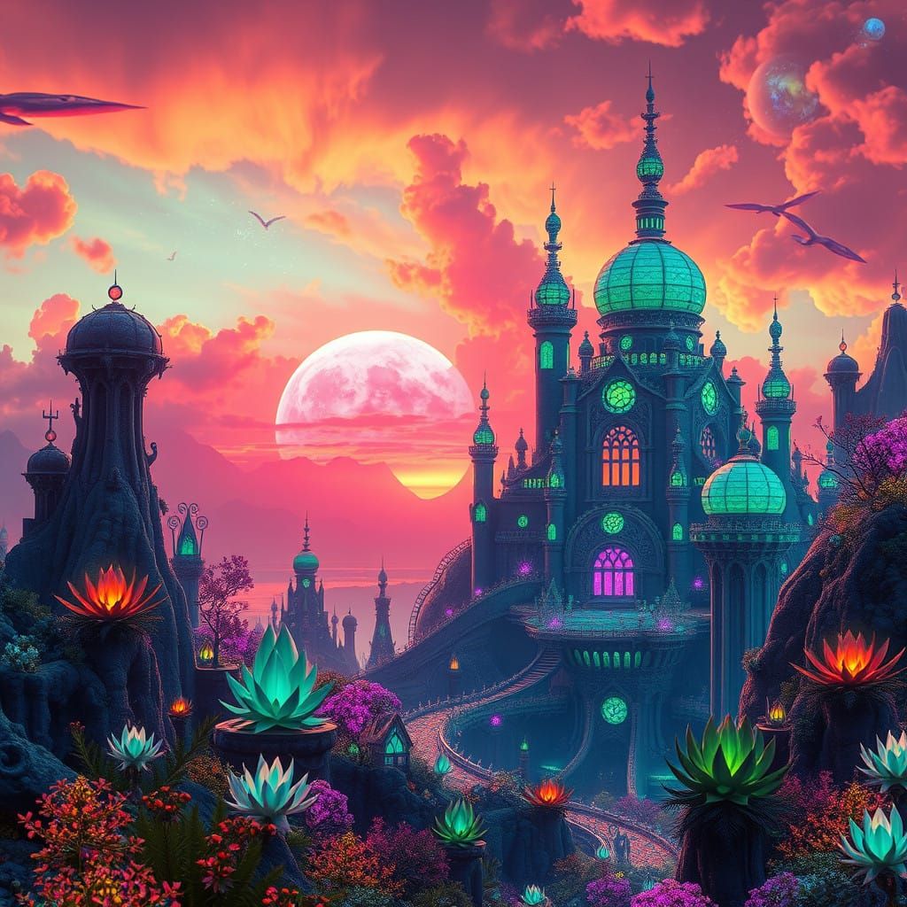 Gothic Solar Punk Landscape Amidst Nebula Sunset