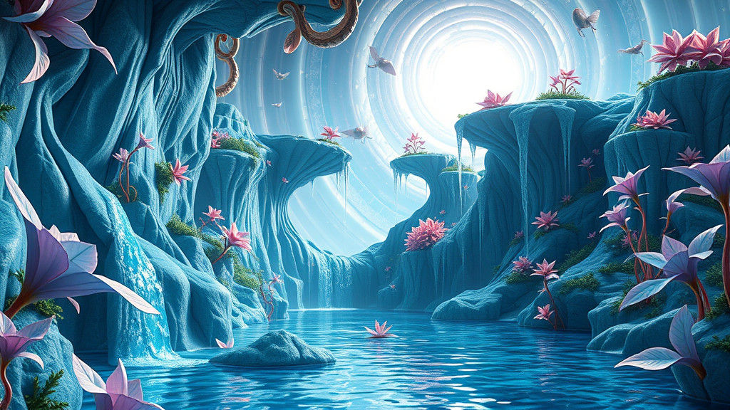 Upside-Down Fantasy Lake with Cascading Streams