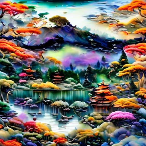 Japanese Garden with Temple in Watercolor Style