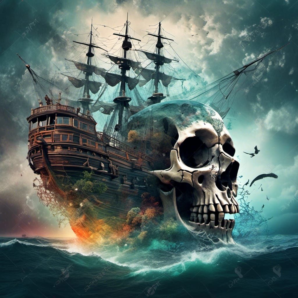 <lora:Muted Rainbow:1.0> double exposure of a skull in the foreground and a pirate ship on the ocean in the back ground....