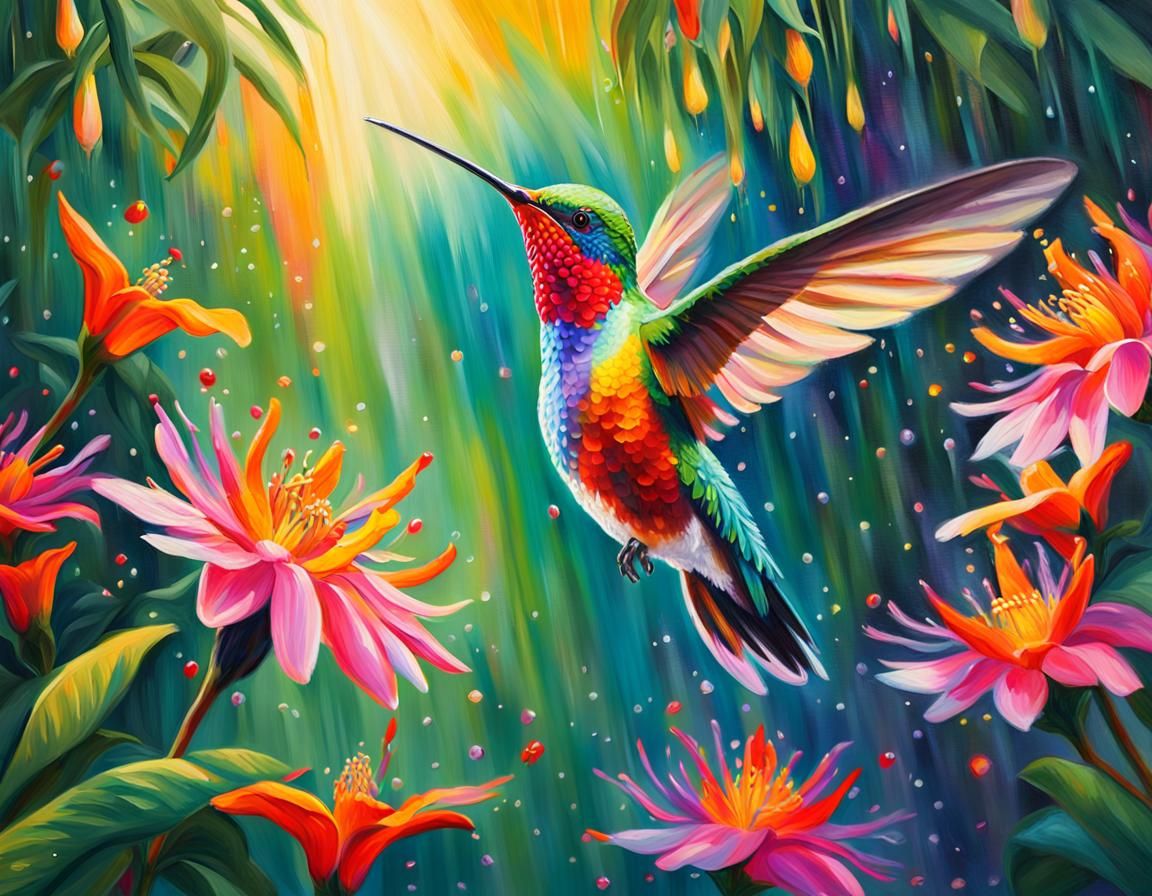 Hummingbird in Flight: Vibrant Oil Painting