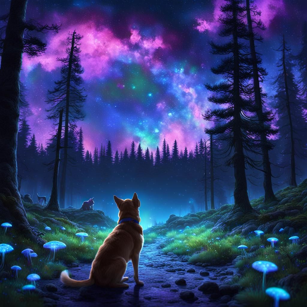 Dog and Cat Gaze at Nebulae in Dreamlike Forest