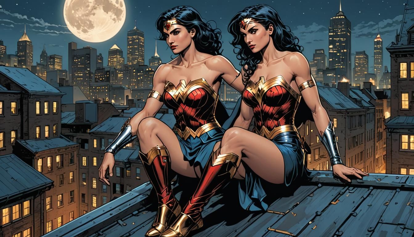 Wonder Woman on Gotham Rooftop, Comic Book Art