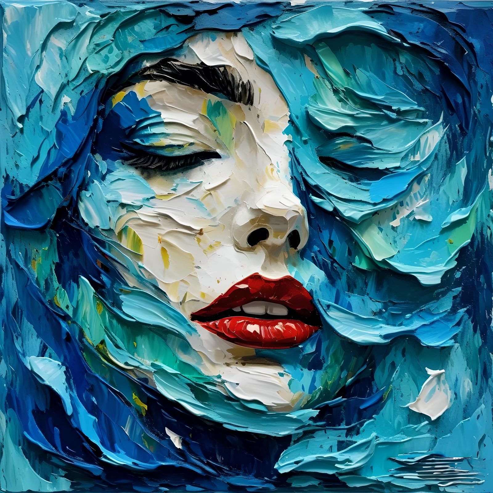 Abstract Female Face Impasto Painting with Waves