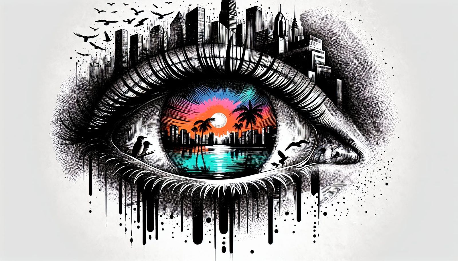 Detailed Ink Eye Reflecting a Sunset in Vintage Style