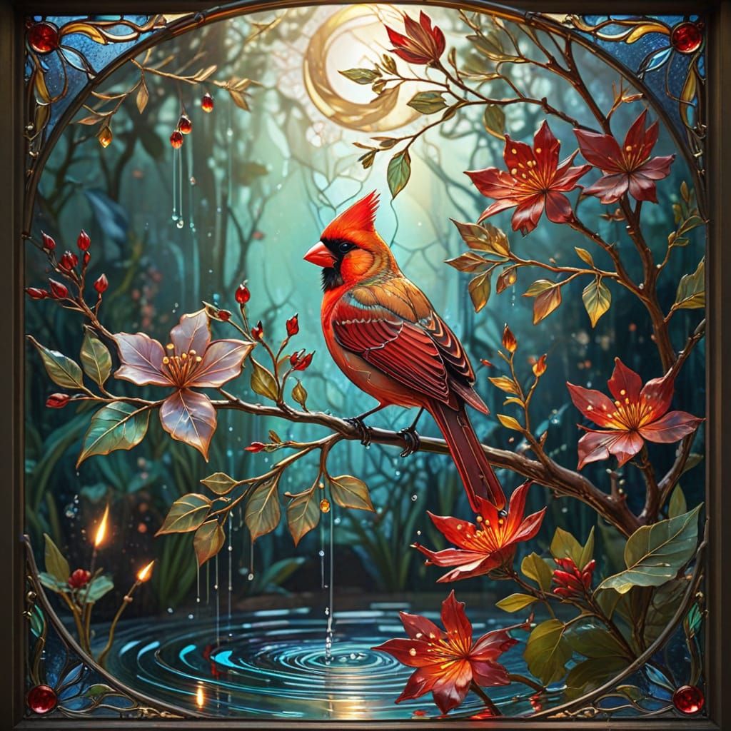 Rainbow Stained Glass Cardinal with Gold Lines and Fireflies