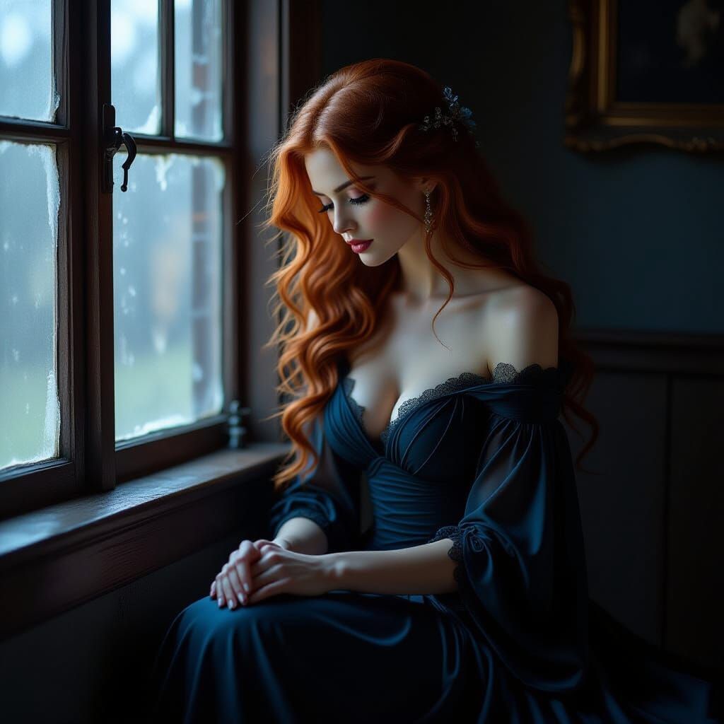 Solitary Woman in Blue Fantasy Dress by Window
