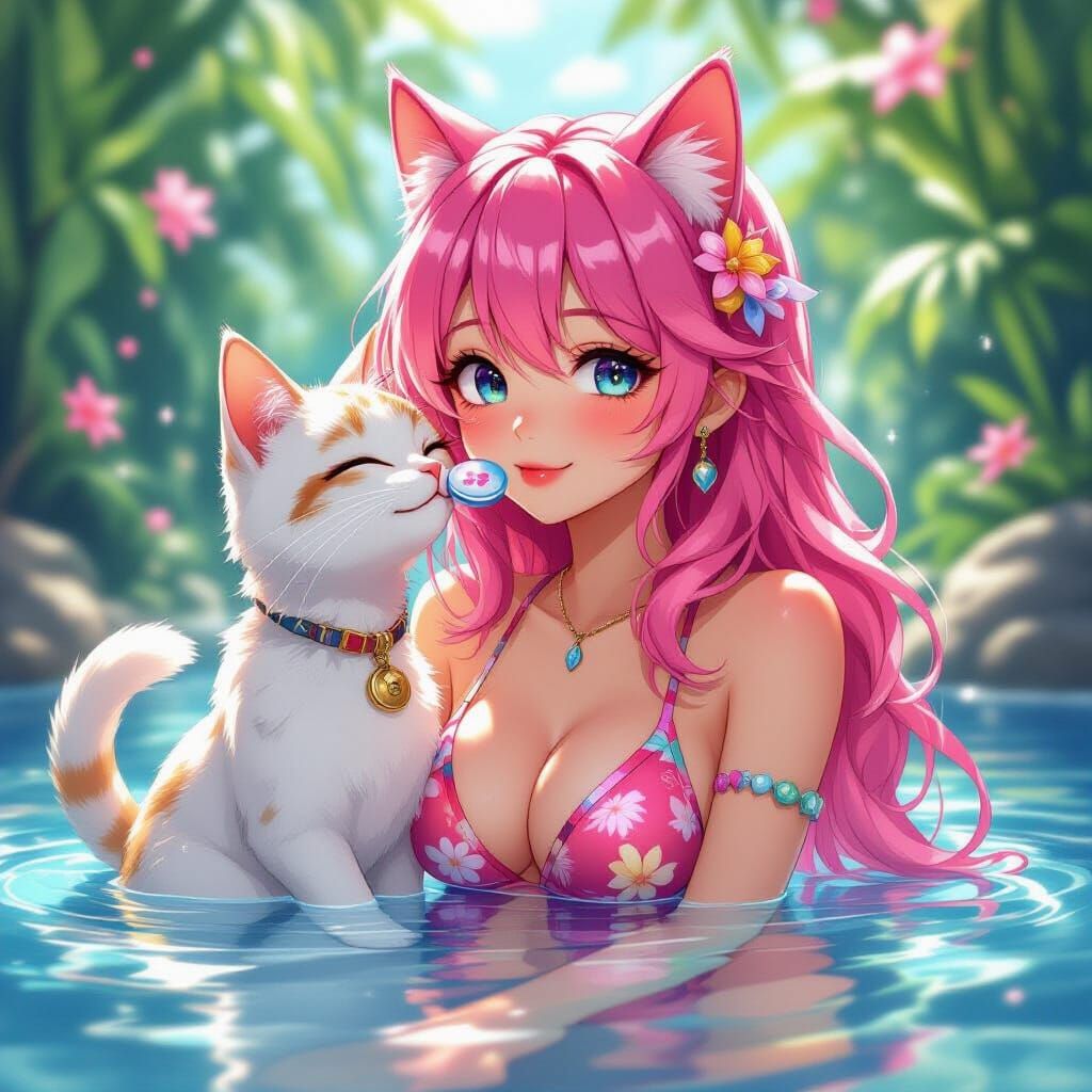 Pink-Haired Cat-Girl in Swimsuit: 3D Anime Art