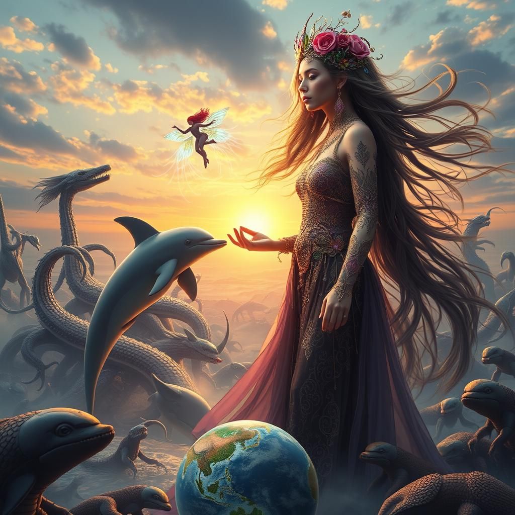 Surreal Gaia Scene with Mythical Creatures in Bio Art