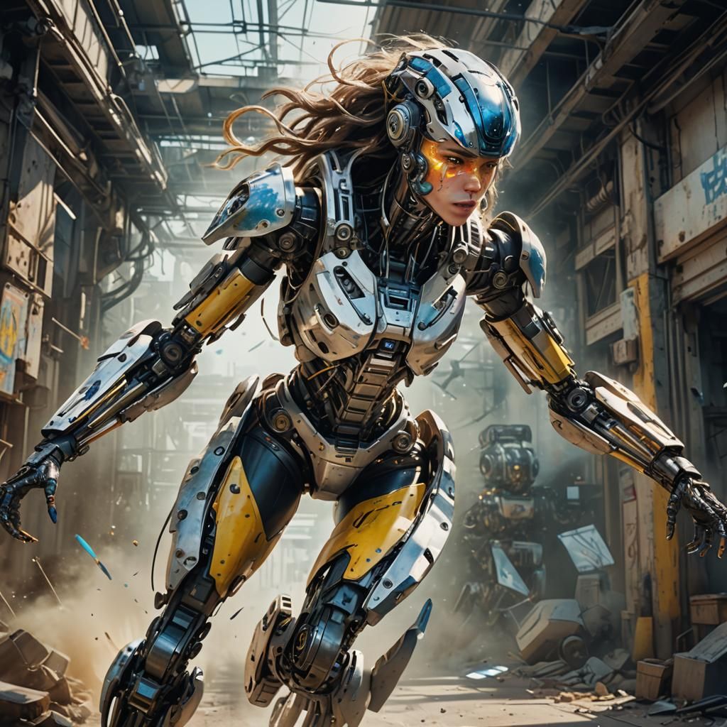 Supersonic Woman with Robotic Limbs, Watercolor Style