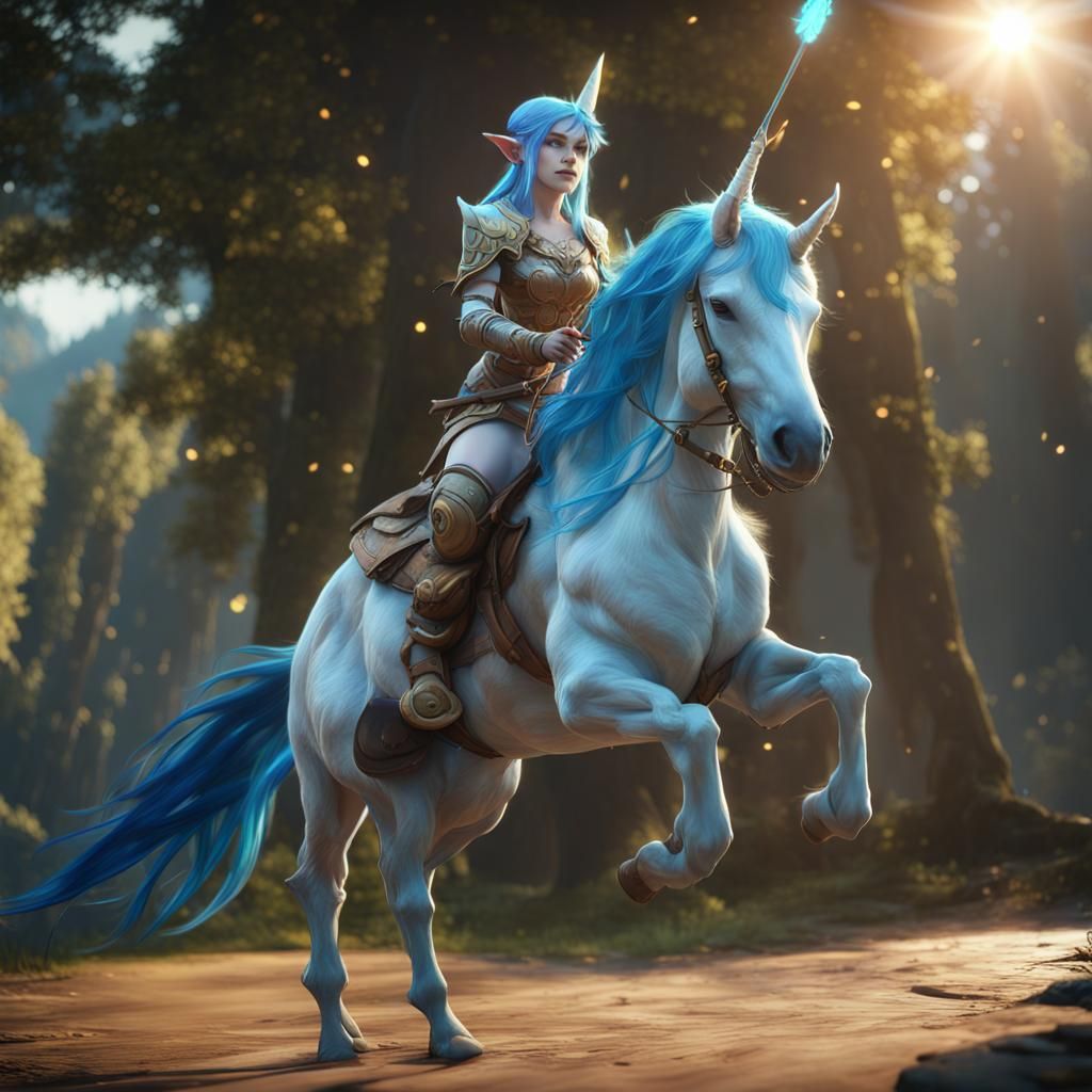 Blue-Haired Elf Rides Unicorn in 3D Style