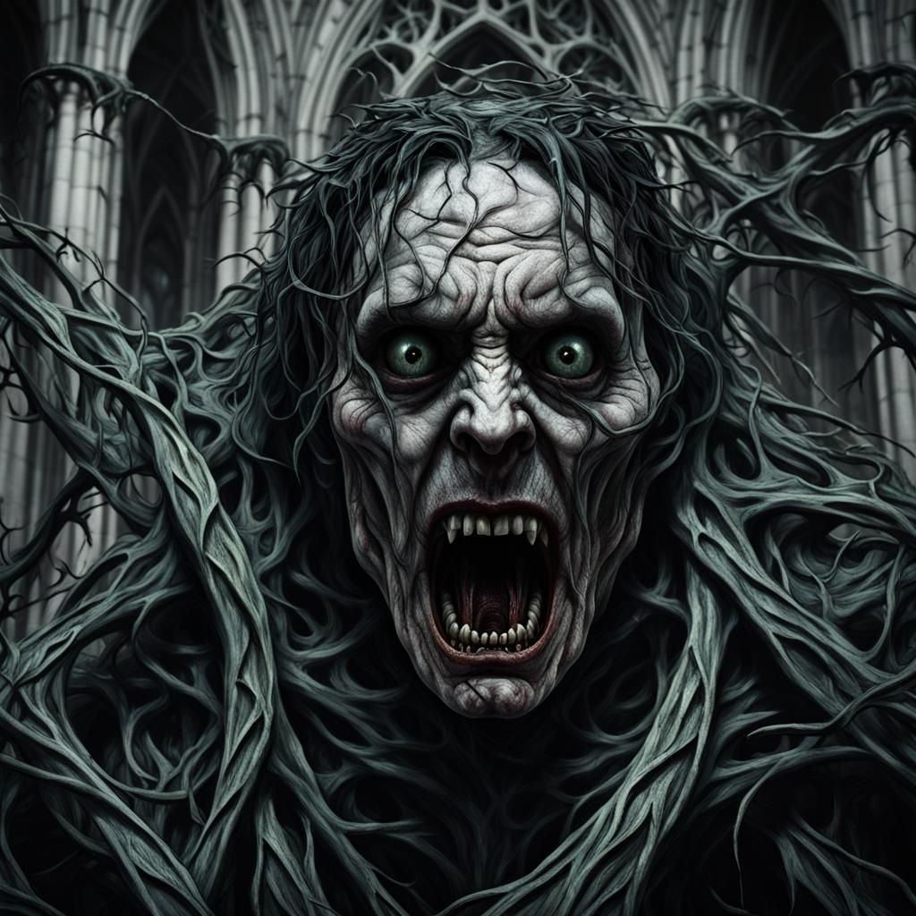 Terrified Figure Consumed by Vines in Gothic Horror Portrait