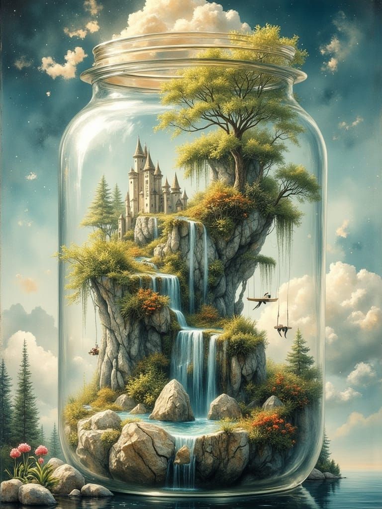 <lora:Exquisite Flux:1.0> <lora:divineOil:1.0> <lora:Abstract Reality:1.0> <lora:Ink Poet:1.0> Floating islands hover in...