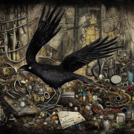 Raven on Skeletal Hand: Gothic Alchemical Art