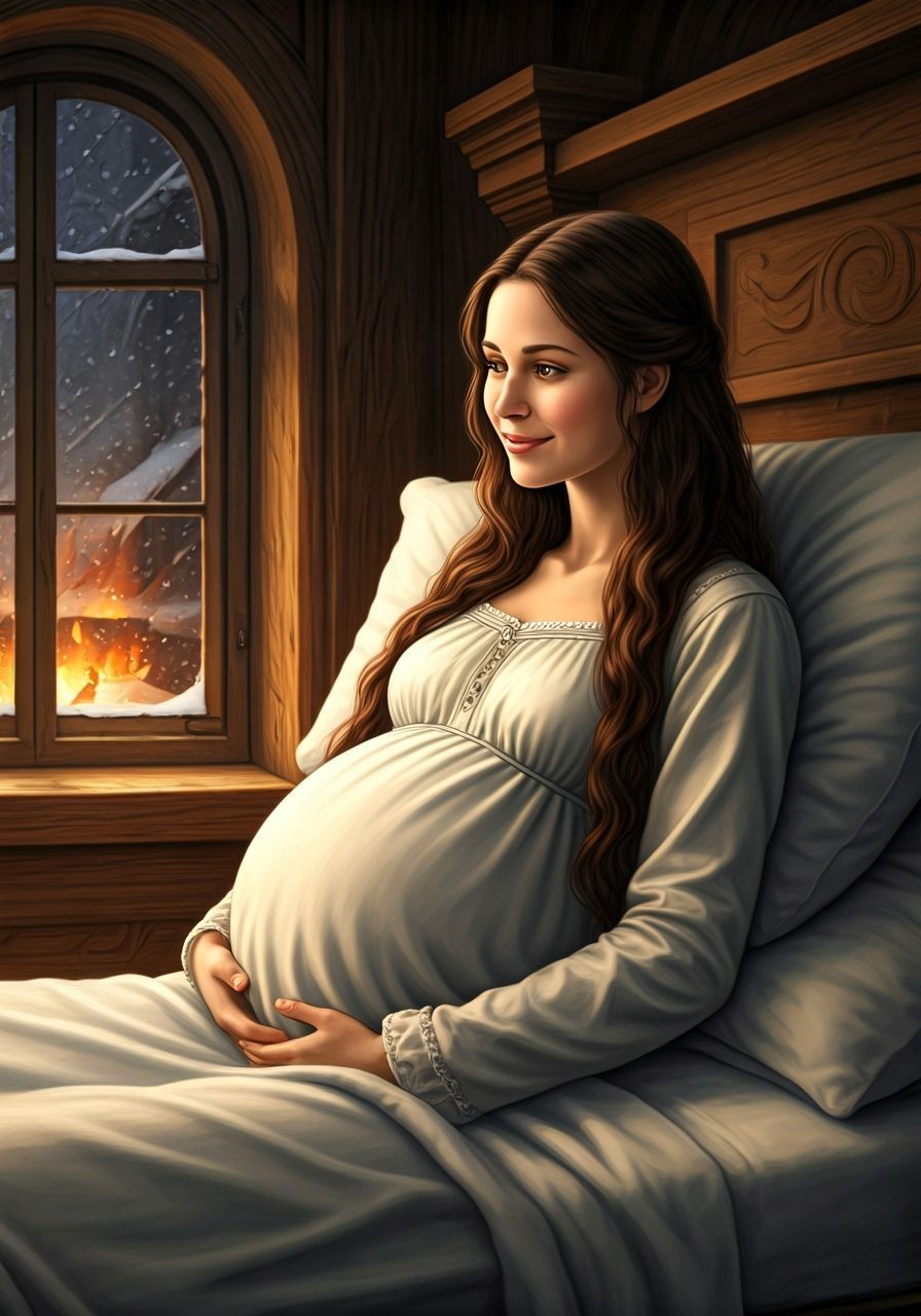 Medieval Pregnant Woman Awaits Twins in Cozy Bedchamber