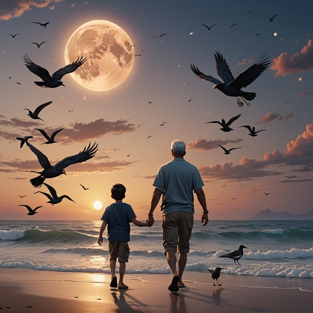 Father and Son at Sunset: Hyper-Realistic Ocean Scene
