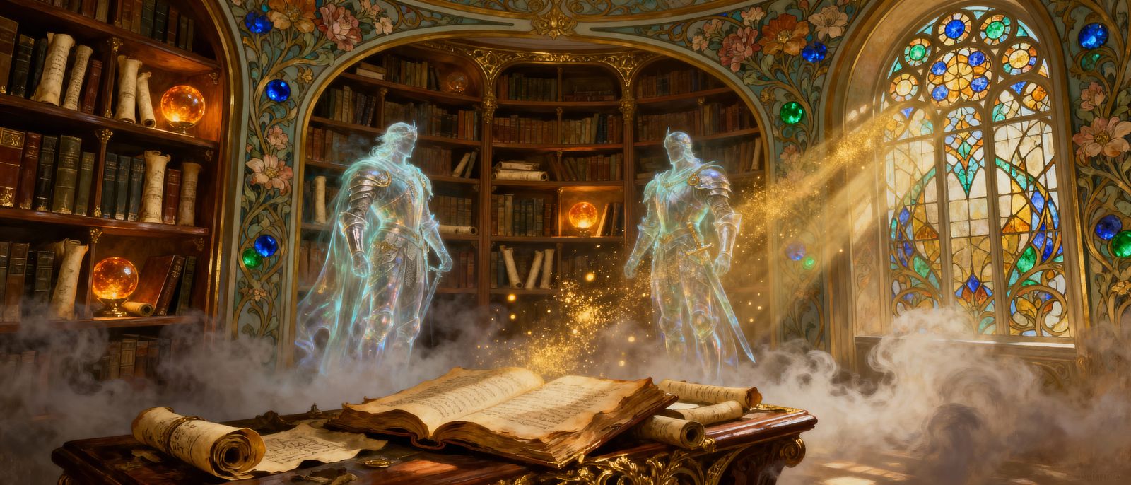 Mystical Library of Spectral Knights in Art Nouveau Style