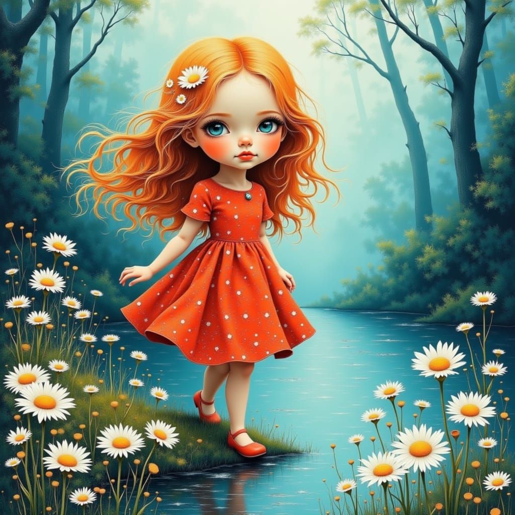 Wet on wet and chalk illustration of a baby girl standing on...