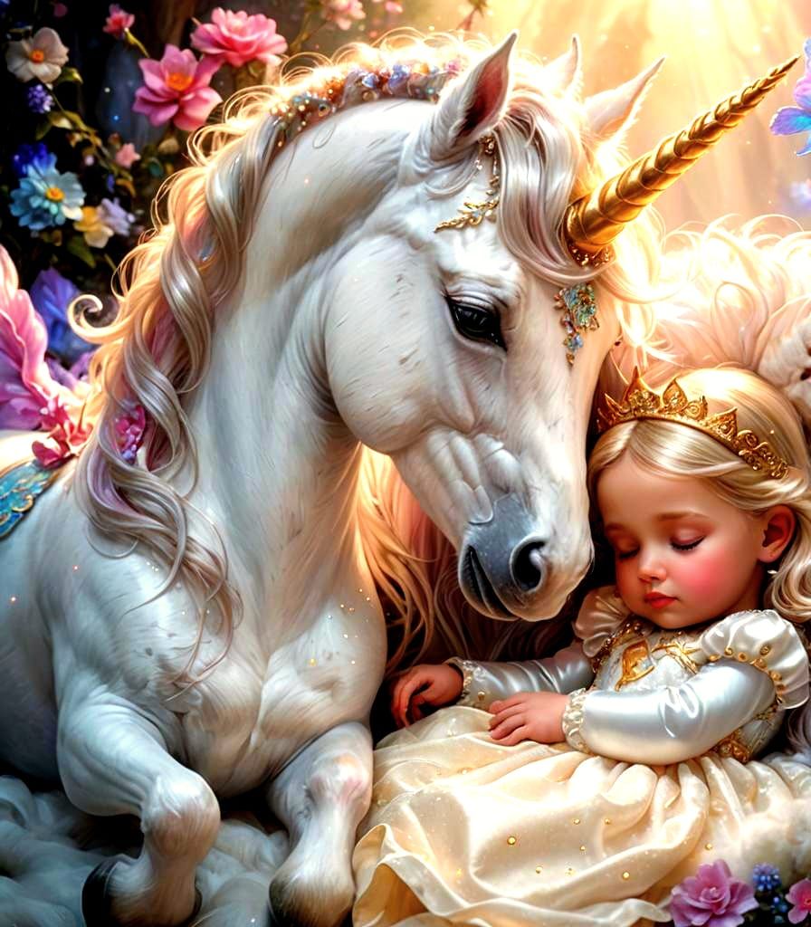 Baby Princess Sleeping with Magical Unicorn Pet