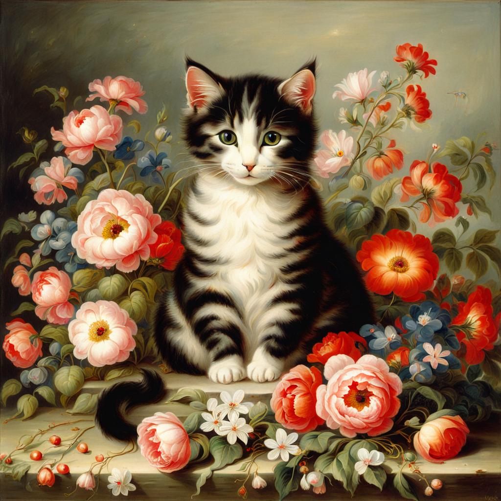 Cat Surrounded by Flowers in Landscape Painting Style