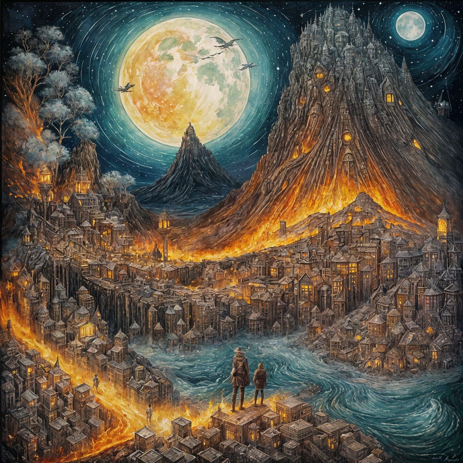 Lava Giant Emerges from Volcano in Gouache Style