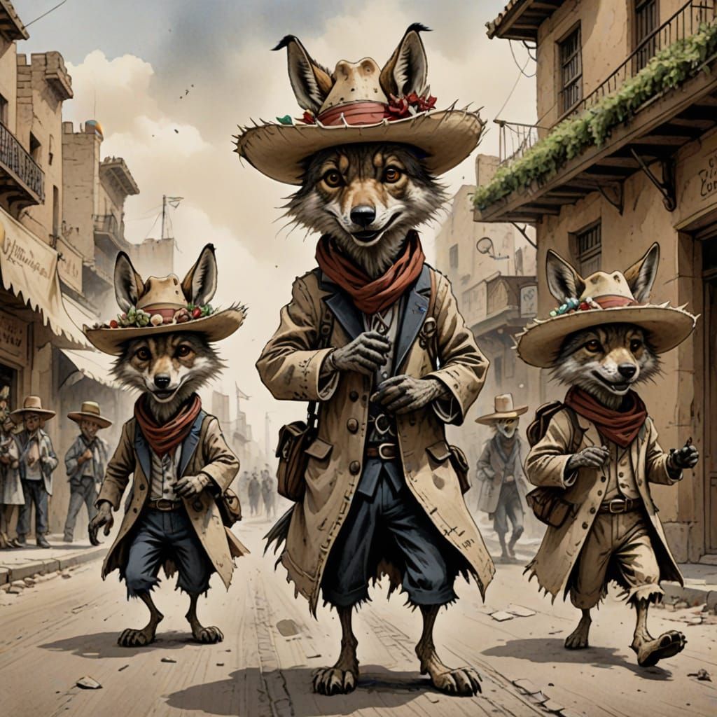 Cartoon Jackals Bow to Wolves in Sombreros