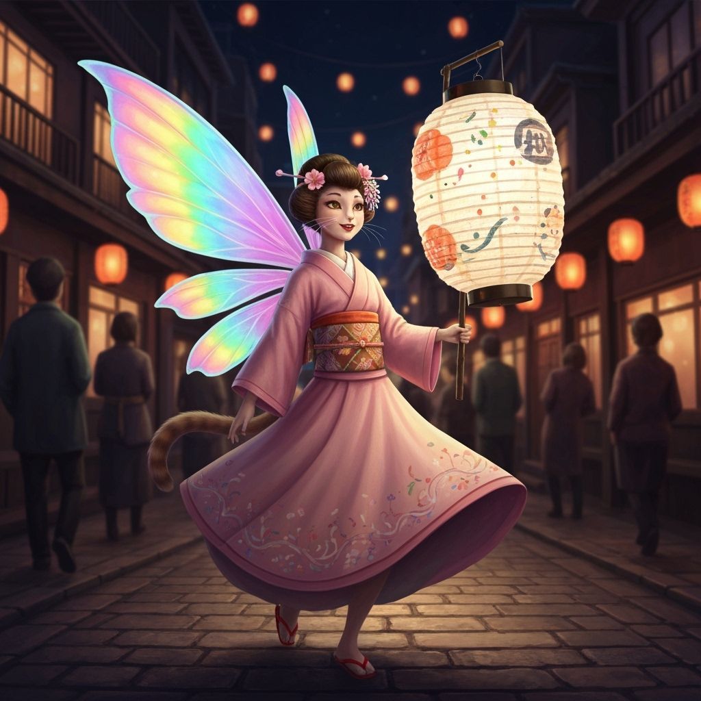 Cat Fairy Geisha Twirling with Lanterns in City