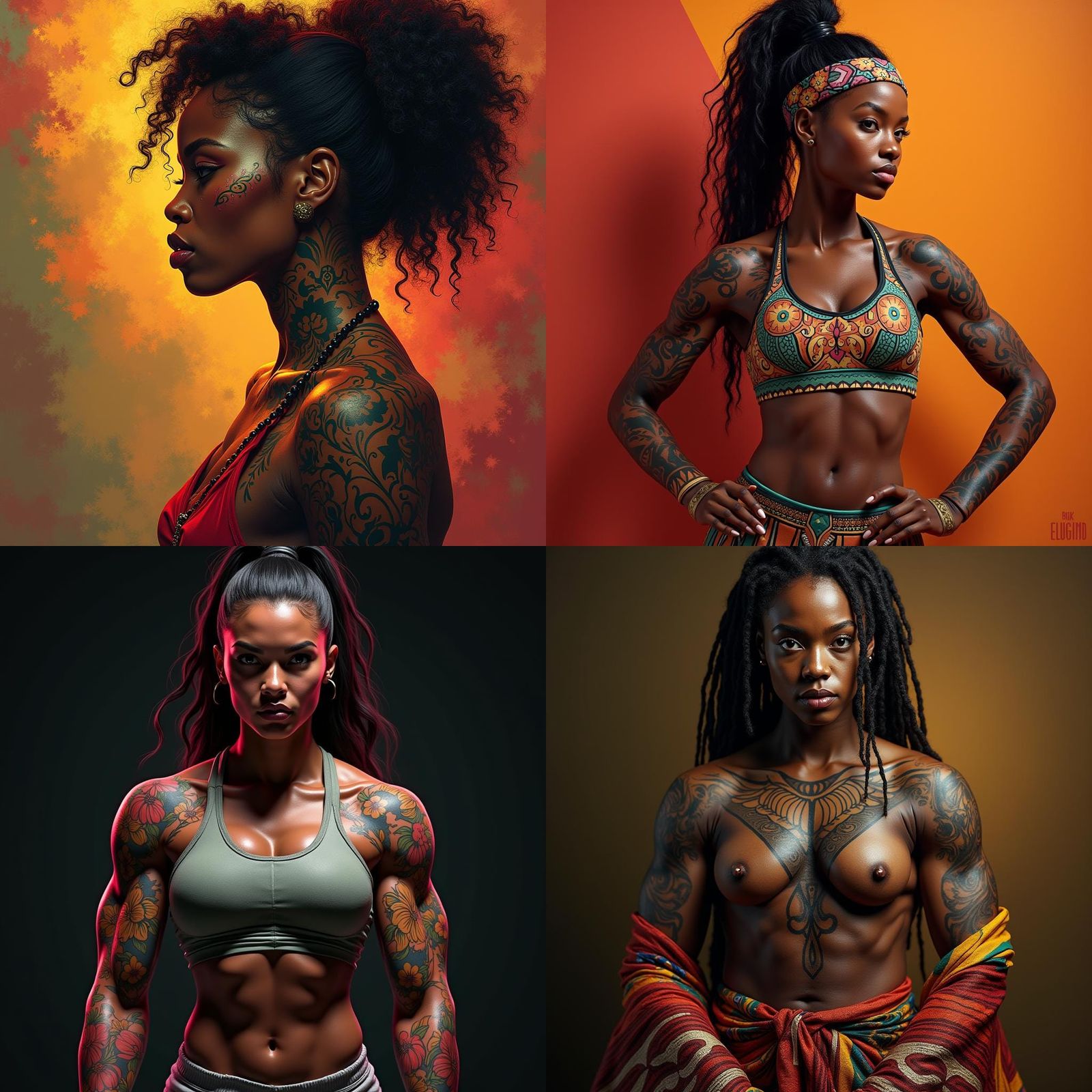 Tattooed African Female Bodybuilder Portrait in Hyperdetaile...
