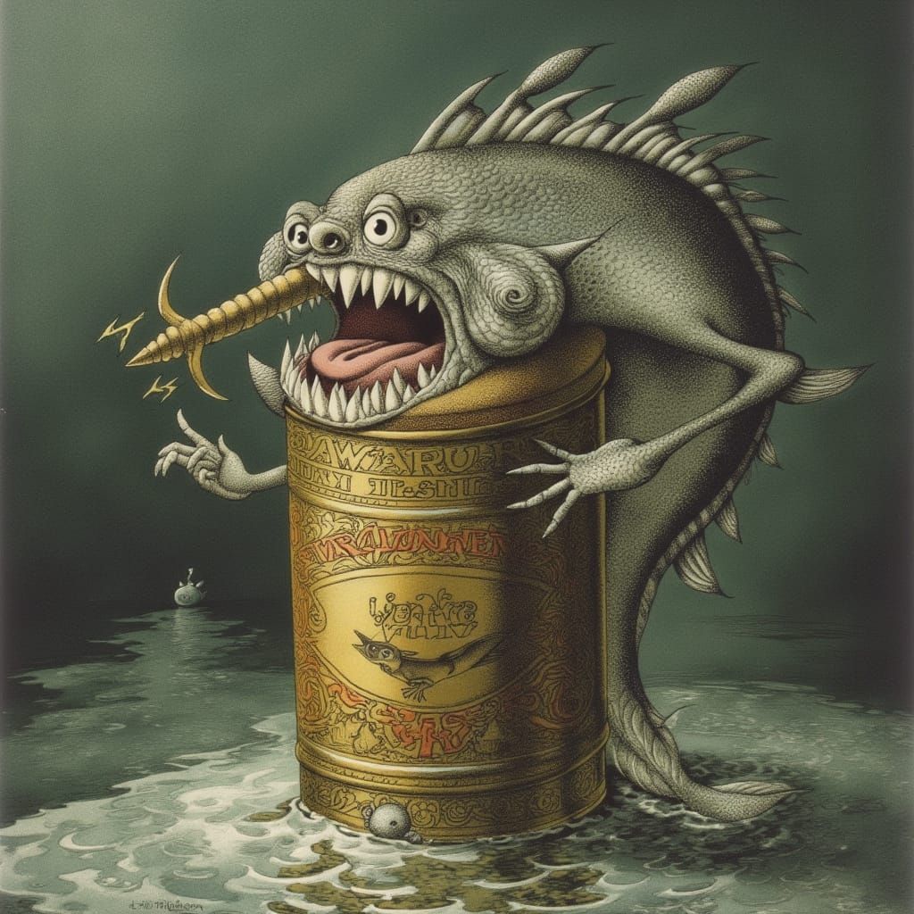 Angry Herring with Trident in Tin Can