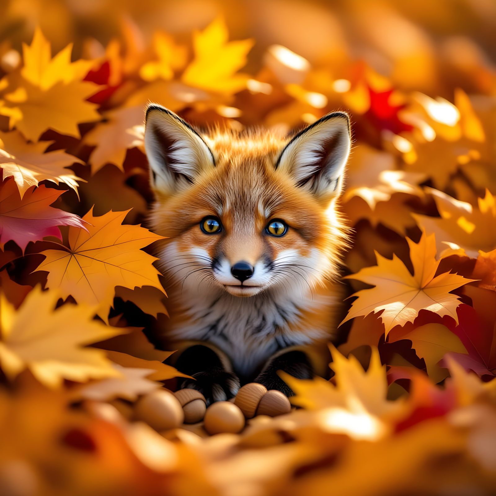 Playful Fox Cub Among Autumn Leaves in Golden Sunlight
