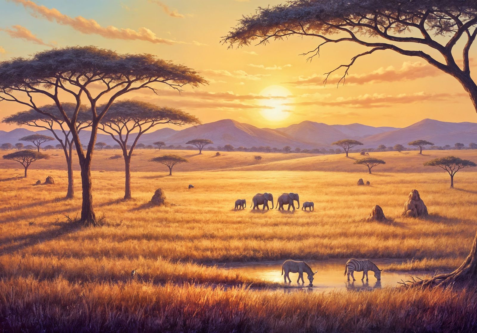 African Savannah Sunset in Oil Painting Style