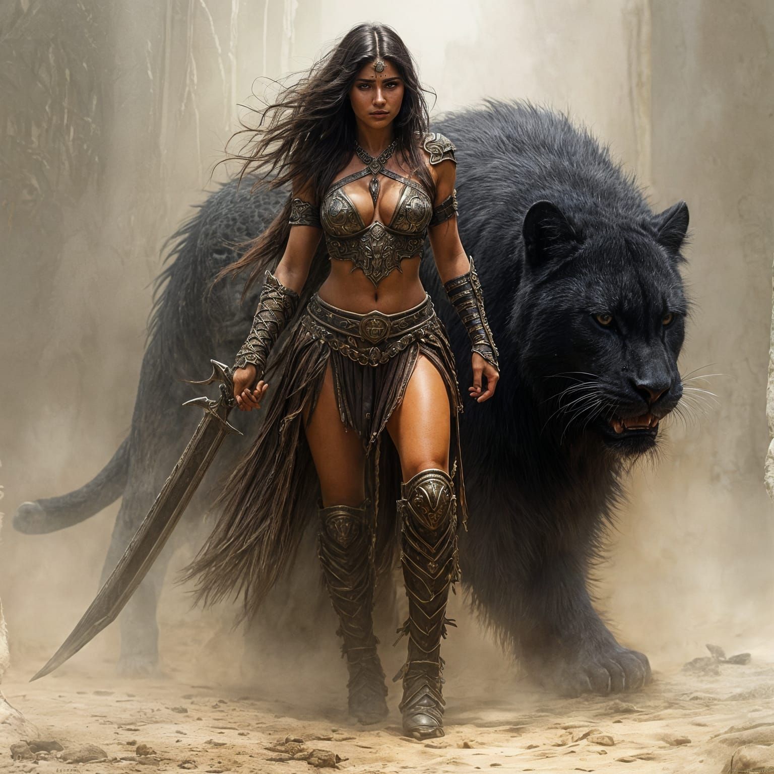 Noble Barbarian Warrior Princess with Jaguar Companion