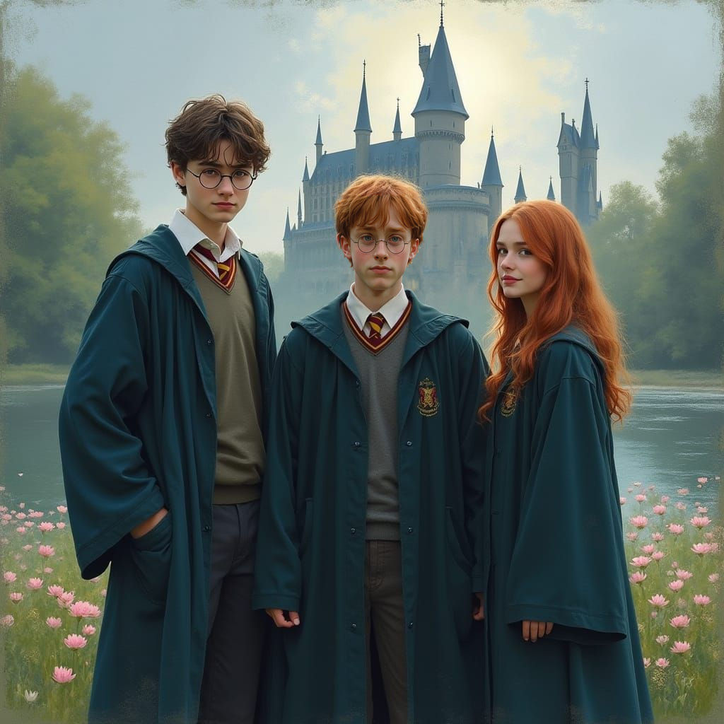 Harry Potter Trio in Impressionist Style with Hogwarts Castl...